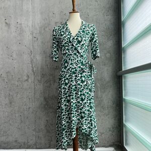 Ganni Green White Floral Wrap Dress Size 2 Hi-Lo Hem Romantic Boho Cottagecore